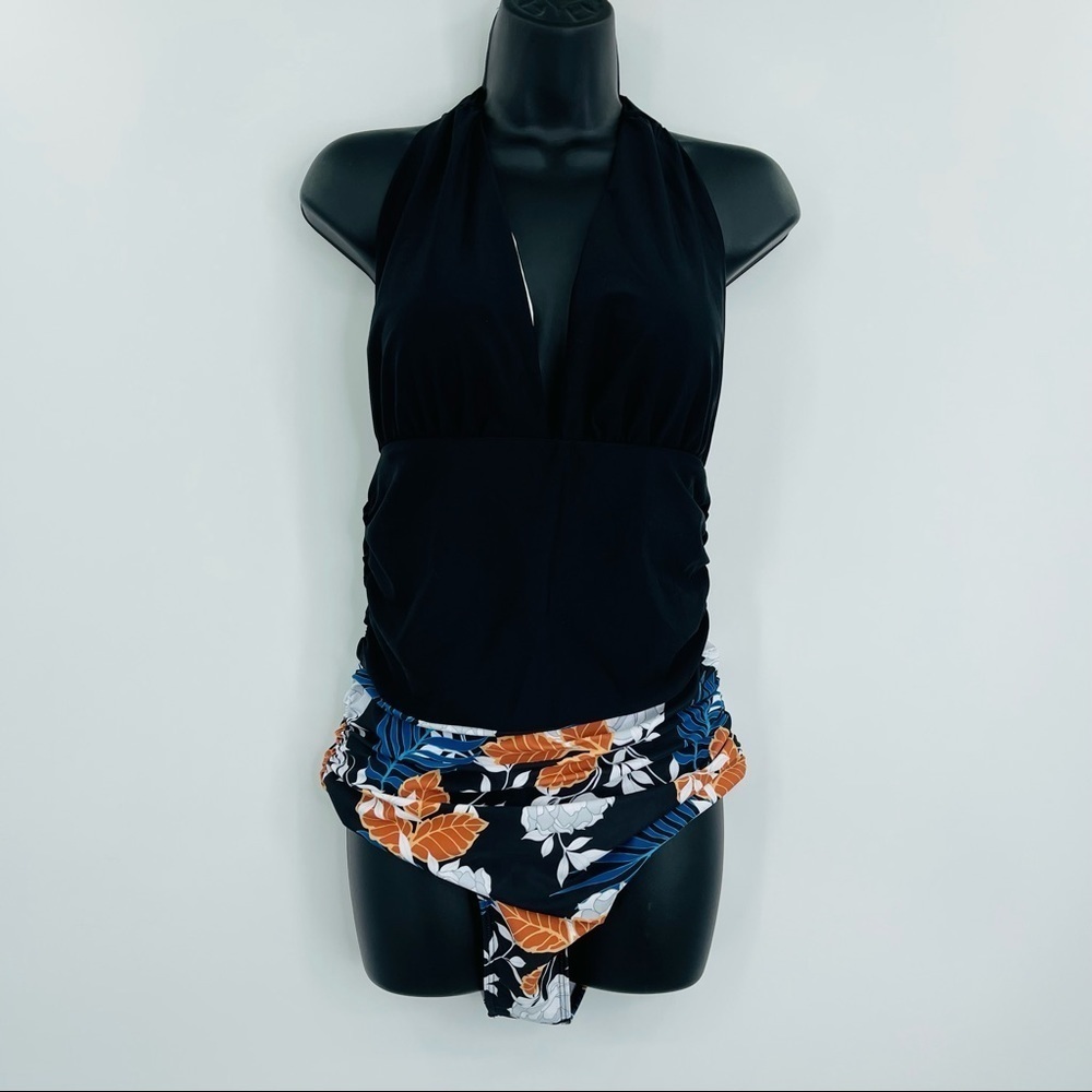 Beachsissi halter floral one piece swimsuit ruched women's size L